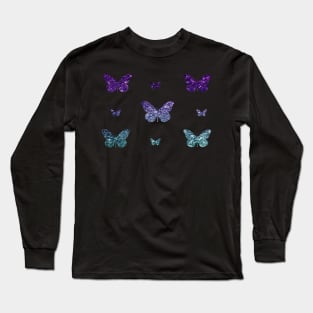 Deep Purple Teal Ombre Faux Glitter Butterflies Long Sleeve T-Shirt